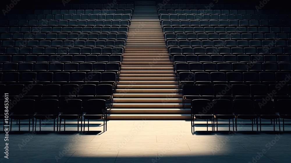 Poster empty auditorium with rows of chairs and illuminated stairs.