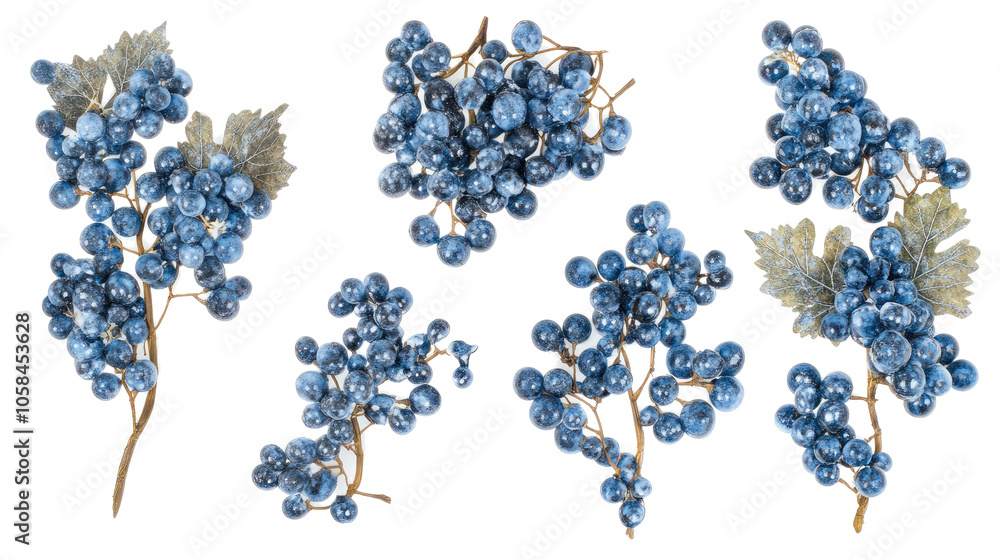 Poster fresh blue grape bunches isolated on a transparent background generative ai