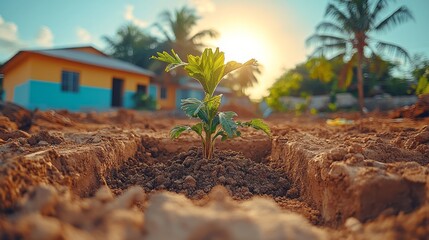 Detailed Close-Up of Construction Site Foundation with Concrete and Rebar Structures Under Progress