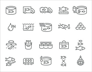 Fish farming seafood factory processing minimalist line art icon set vector illustration