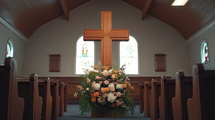 Wooden cross adorned with flowers in an empty chapel, representing Christian faith in a quiet, reflective space.