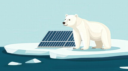 Fototapeta premium Polar bear on shrinking ice near solar panels, symbolizing renewable energy and climate change. This highlights impact of global warming on wildlife