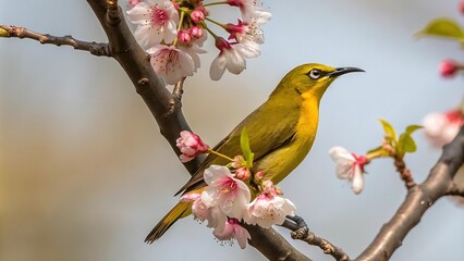 Vibrant bird perched on a flowering branch