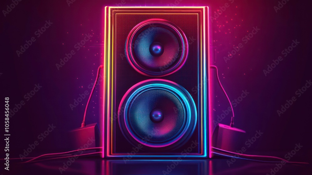 Poster A vibrant speaker with dual woofers, illuminated with colorful lights, set against a dark backdrop.