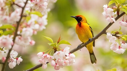 Vibrant bird perched on a flowering branch
