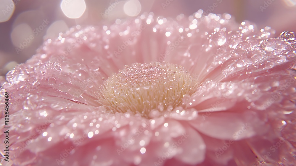 Poster pink flower with dew drops blank background with copy space for design projects