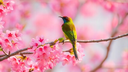 Vibrant bird perched on a flowering branch