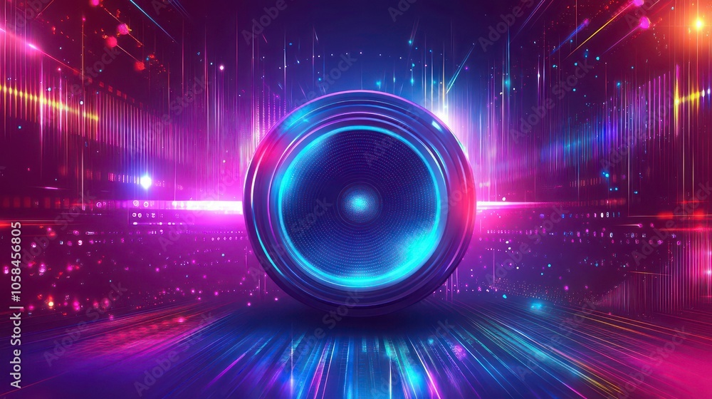 Poster vibrant speakers with colorful lights, creating a lively music atmosphere.