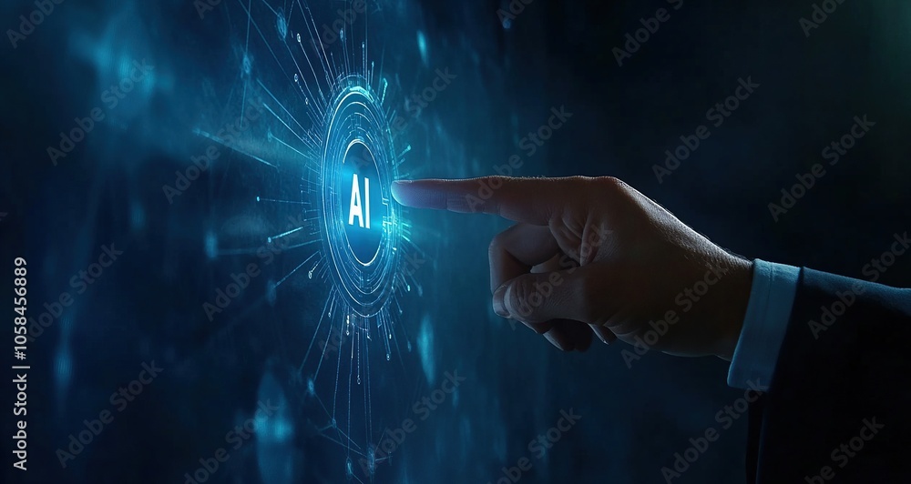 Poster hand pointing at ai icon on futuristic digital interface.