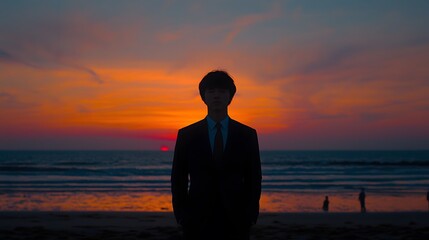 Fototapeta premium Silhouette of a young Asian man in a suit against a vibrant sunset backdrop.