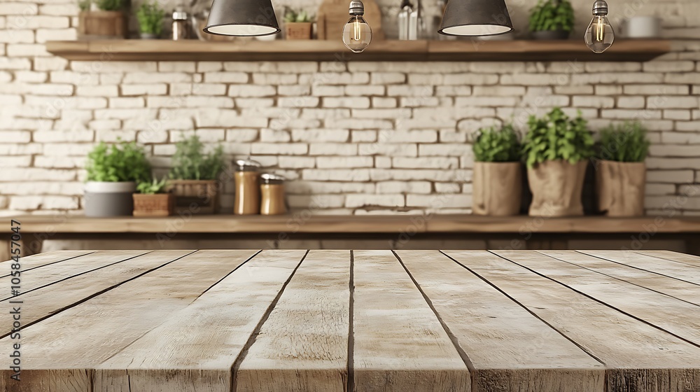 Aufkleber wooden table with brick background clean blank canvas with empty space for designs