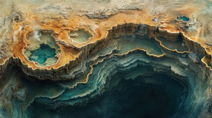 Obraz premium Aerial view of colorful geological formations in a natural landscape.