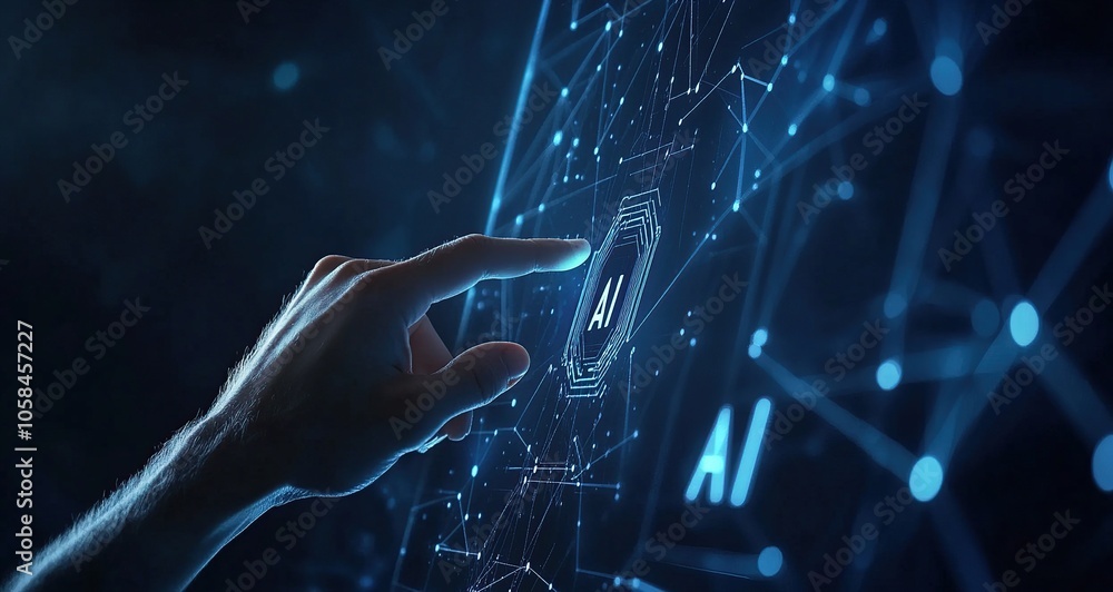 Poster a hand reaching out to touch a digital ai interface with a network of glowing blue lines.