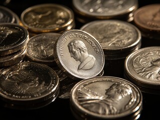 Close-Up of Reflective Rare Commemorative Coins
