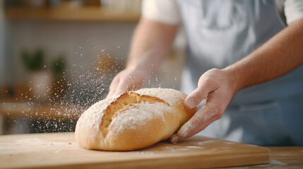baker handling freshly baked bread in a warm