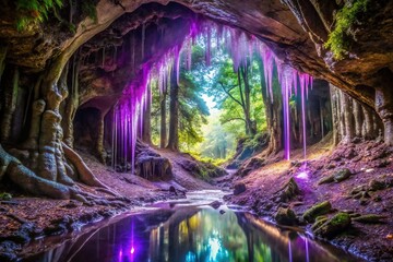 In the heart of an ancient forest, a lone, crystalline cave drips with iridescent, purple liquid that slowly seeps into the damp earth, crystal, serenity, purple, calmness