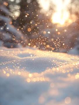 Golden Winter Snowfall with Warm Sunset Glow &ndash; Bokeh Snowflakes and Cozy Winter Atmosphere, Perfect for Seasonal Holiday Decor and Scenic Nature Backgrounds