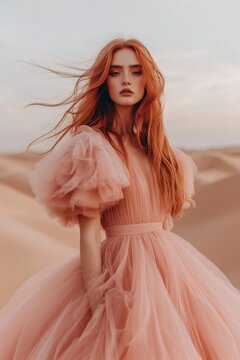 Elegant model in a flowing pink gown poses gracefully in a sunlit desert landscape during twilight hours