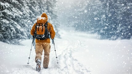 Backpacker trekking through snowstorm, heavy snowfall, sense of endurance in winter wilderness