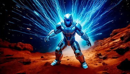 Fototapeta premium Astronaut in armored, robotic spacesuit in action on planet surface, Starship troopers, space exploration, galaxy study mission, space science. Explosion, unfriendly planet, space war, robot astronaut