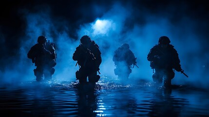 Four soldiers in tactical gear navigating through misty water at night.