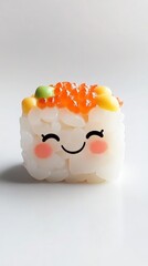 Create an adorable image of a single cute sushi roll with a cheerful expression and colorful toppings, perfectly centered on a pristine white background to emphasize its charm and deliciousness.