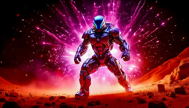 Astronaut in armored, robotic spacesuit in action on planet surface, Starship troopers, space exploration, galaxy study mission, space science. Explosion, unfriendly planet, space war, robot astronaut