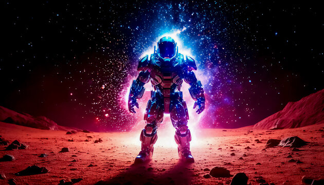 Astronaut in armored, robotic spacesuit in action on planet surface, Starship troopers, space exploration, galaxy study mission, space science. Explosion, unfriendly planet, space war, robot astronaut