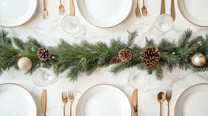 A minimalist Christmas table with white plates, a simple arrangement of pinecones and greenery, and gold flatware providing a hint of luxury