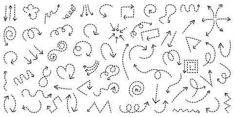 Obraz premium Set dash line arrows. Collection of curved pointers. Zigzag stripes design.
