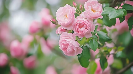 Fototapeta premium Pink Roses in Bloom Subtle Blur Background with Space for Custom Text