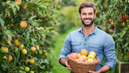 Man smiling while harvesting apples in a vibrant orchard during a sunny autumn day