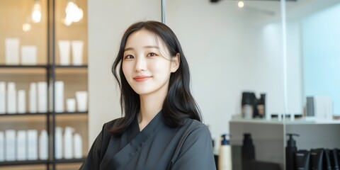 A young professional in a stylish salon poses confidently in a black outfit with elegant decor in the background during daylight