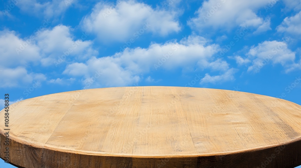 Aufkleber empty wooden tabletop against blue sky with clouds plain textured background for web design and copy