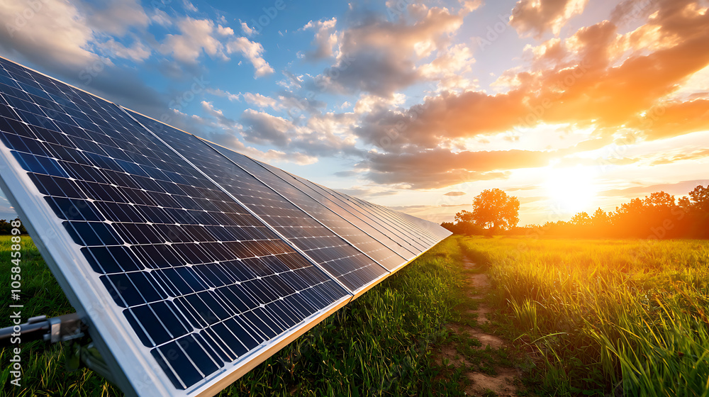 Poster an image of a large solar panel array set against a clear blue sky harnessing sunlight to generate c