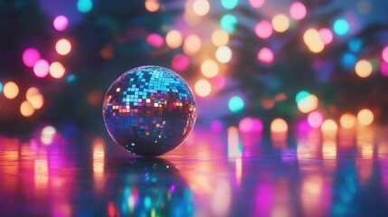 A shiny disco ball on a dance floor with colorful bokeh lights in the background, creating a vibrant party atmosphere.
