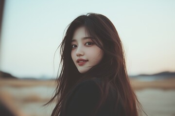 Fototapeta premium Young woman with long hair smiles softly against a serene outdoor backdrop during golden hour in a natural setting