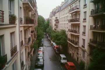 Obraz premium Quiet rainy street in Paris with parked cars and lush trees lining the road, capturing the charm of the city during a gloomy day