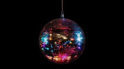 Fototapeta premium A vibrant disco ball sphere illuminated with colorful disco lights, perfect for captivating party scenes; a dynamic disco ball sphere enveloped in multicolored disco lights, ideal for festive party.