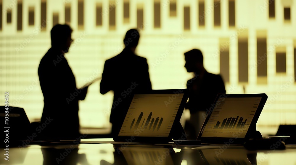 Poster Silhouetted figures discussing data in a modern office with graphs on screens.