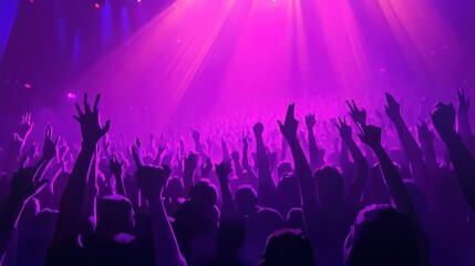 Bass. A crowd of people in silhouette raises their hands on dancefloor on neon light background. Night life, club, music, dance, motion, youth. Purple-pink colors and moving girls and boys.