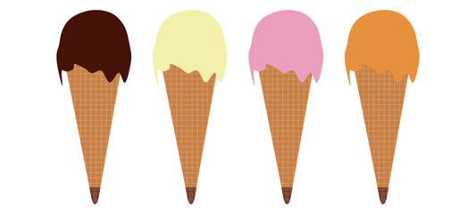  Ice Cream Waffle Cones  with different flavors, hand-drawn waffle cones with ice cream isolated. Vector Illustration.
