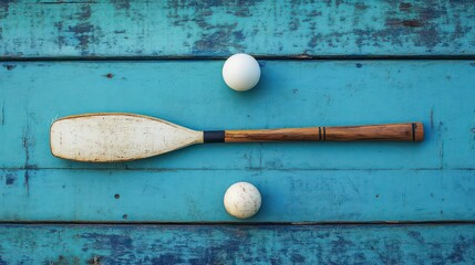 A wooden paddle and two white balls on a blue wooden surface, suggesting a game setup.