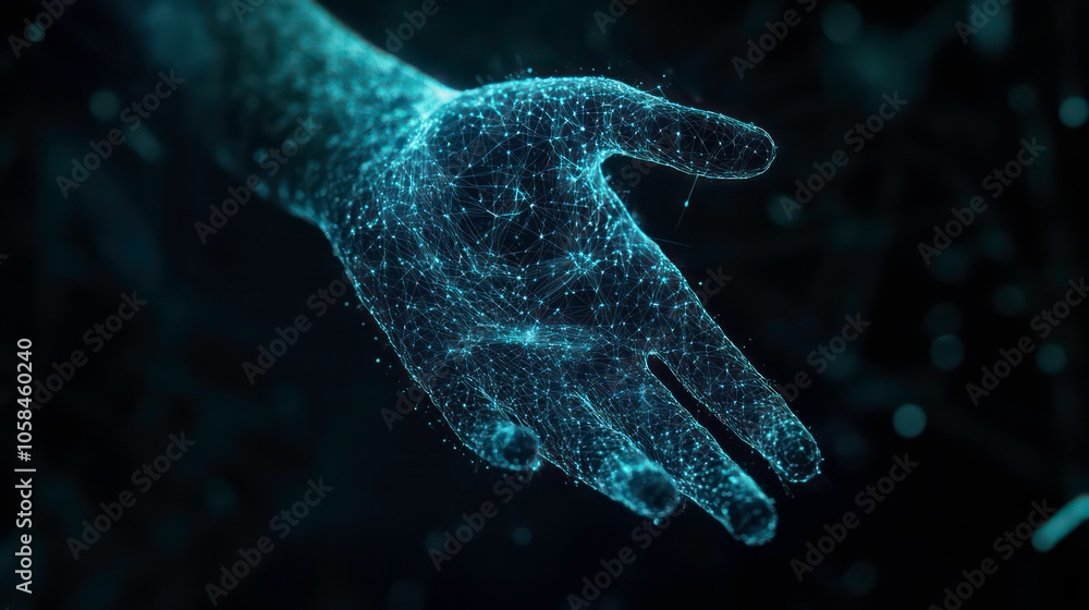 Aufkleber On a dark background, a digital hand hologram is seen on a copy space. The brain is connected with stock. The communication is based on neural networks.