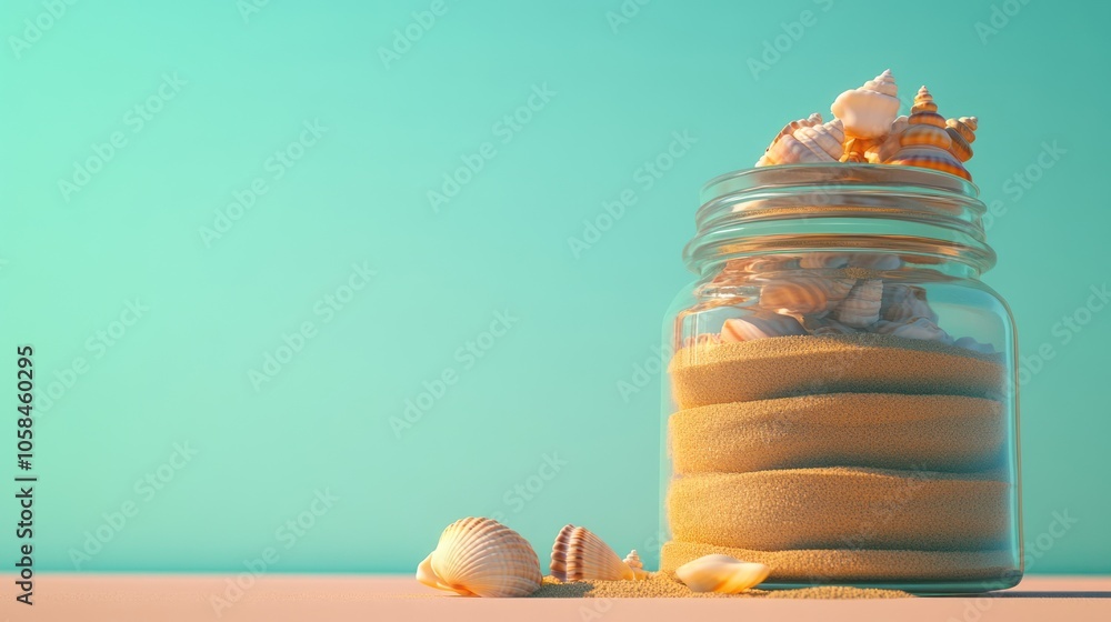 Poster a jar filled with sand and seashells against a gradient background.