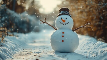 Obraz premium Happy snowman with outstretched twig arms, standing on a snowy path, with copy space to the left.