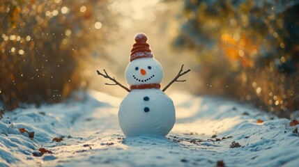 Obraz premium Happy snowman with outstretched twig arms, standing on a snowy path, with copy space to the left.