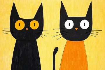 Two playful cats on a bright yellow background, one black and one orange, showcasing their curious expressions during the daylight