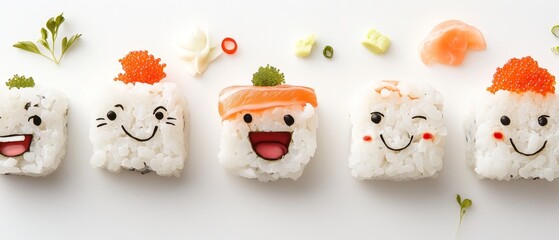 Showcase a delightful image of cute sushi pieces with charming expressions and vibrant toppings, artfully arranged on a clean white background to highlight their playful character 