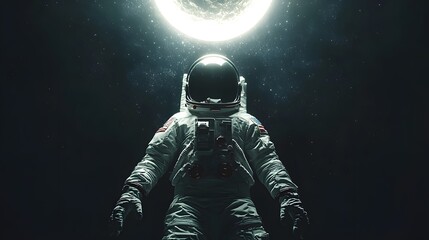 Fototapeta premium Male astronaut floating in space beneath a radiant moon.